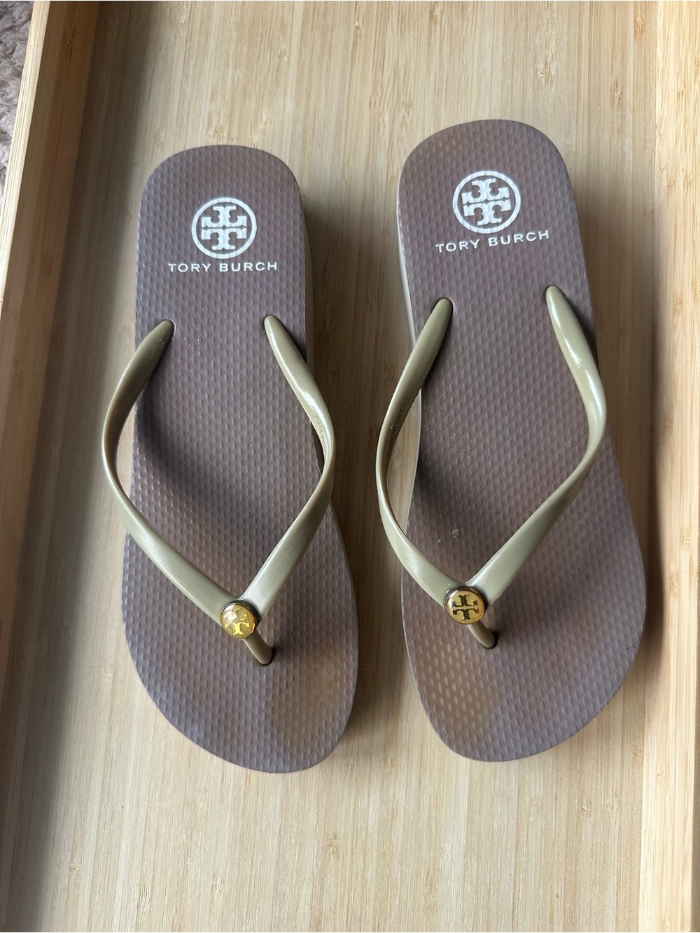 Tory Burch Taupe Flip Flop Sandals with Gold Logo